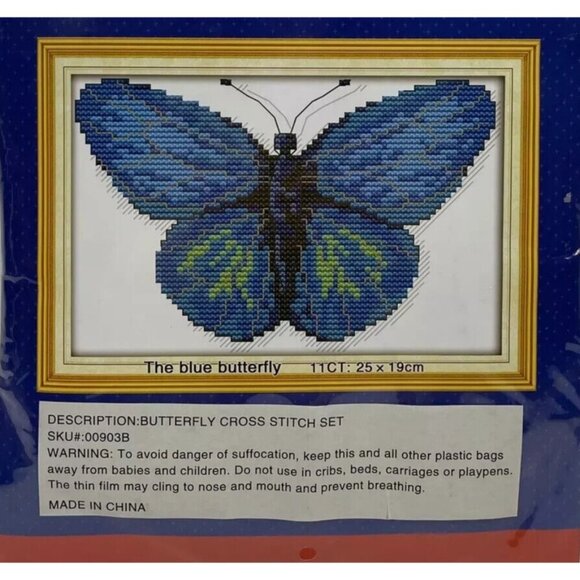 Cross Stitch Kit The Blue Butterfly Pattern 25x19cm Pre-Print 11CT Cotton Fabric - Picture 6 of 12
